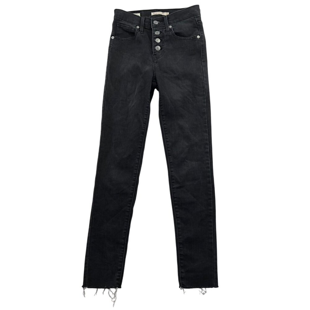 Levis Womens Mile High Super Skinny Jeans 24 Black Denim Frayed Hem Button Fly